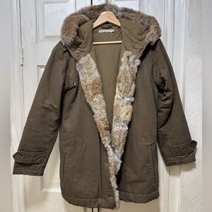 Kookai Women 38 US 6Khaki Cotton Trimming Rabbit Fur Hooded Parka Jacket